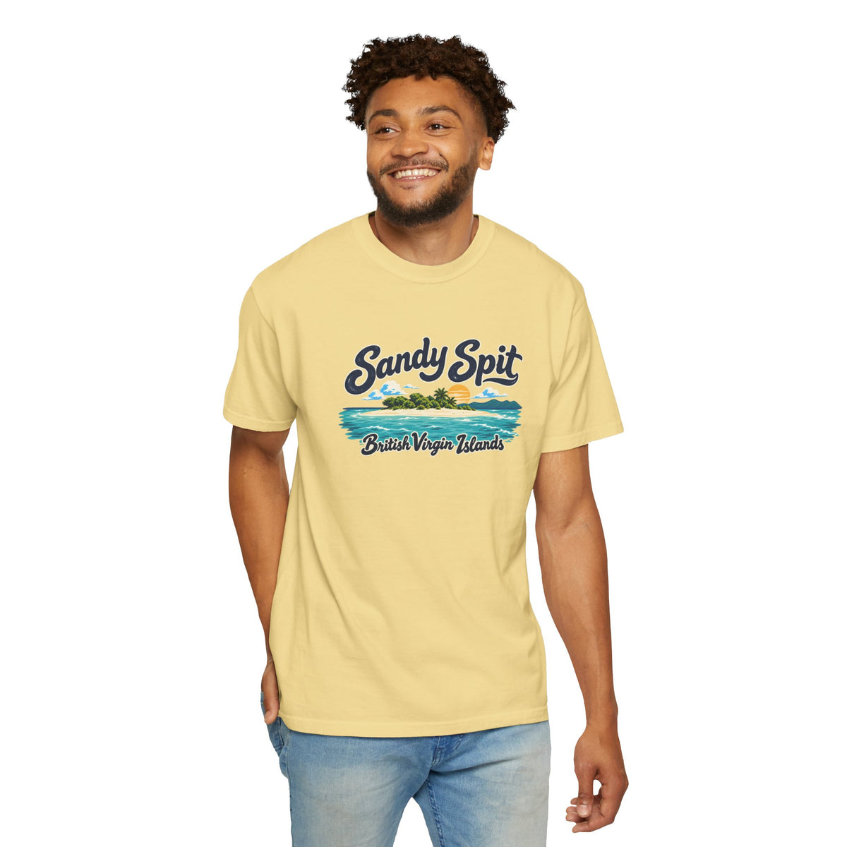 Model wearing the Sandy Spit BVI Comfort Colors 1717 T-shirt with colorful palm-tree island artwork and British Virgin Islands lettering.