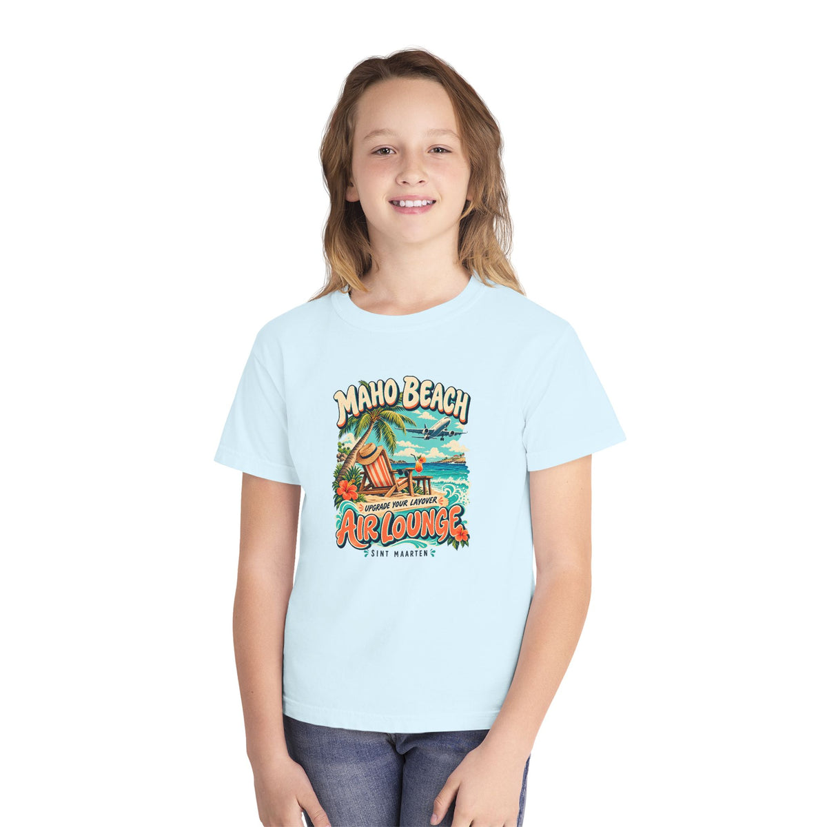 Maho Beach Air Lounge Sint Maarten Comfort Colors 9018 Youth T-Shirt featuring the Maho Beach destination artwork, supplier product mockup