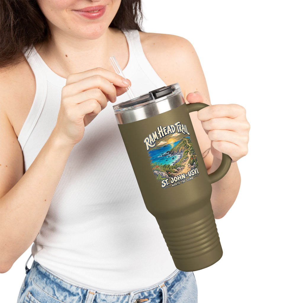 Ram Head Trail St John USVI artwork on a Polar Camel 40 oz travel mug, olive green lifestyle view