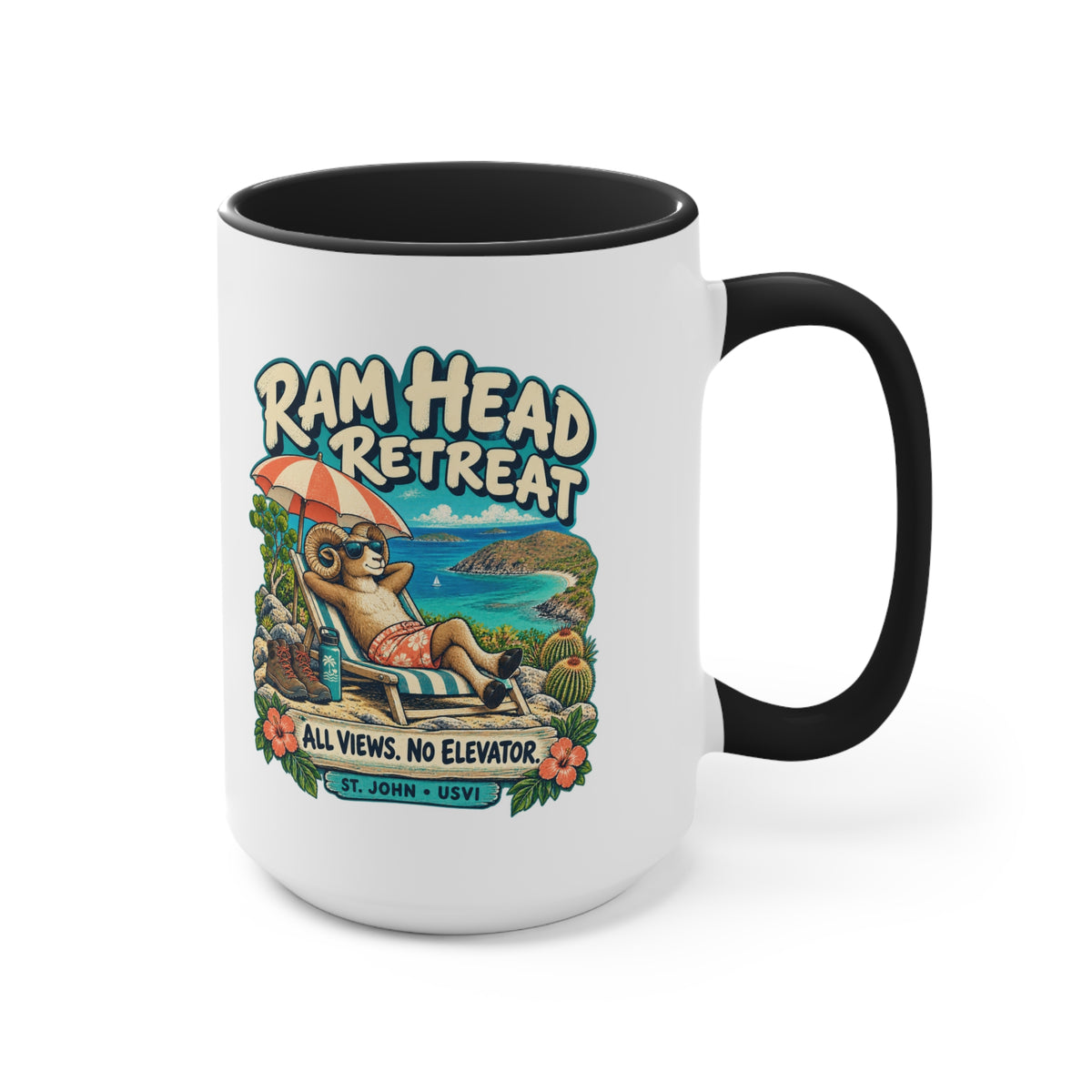 Ram Head Retreat St John USVI accent mug displaying the lounging ram design on its printed side.