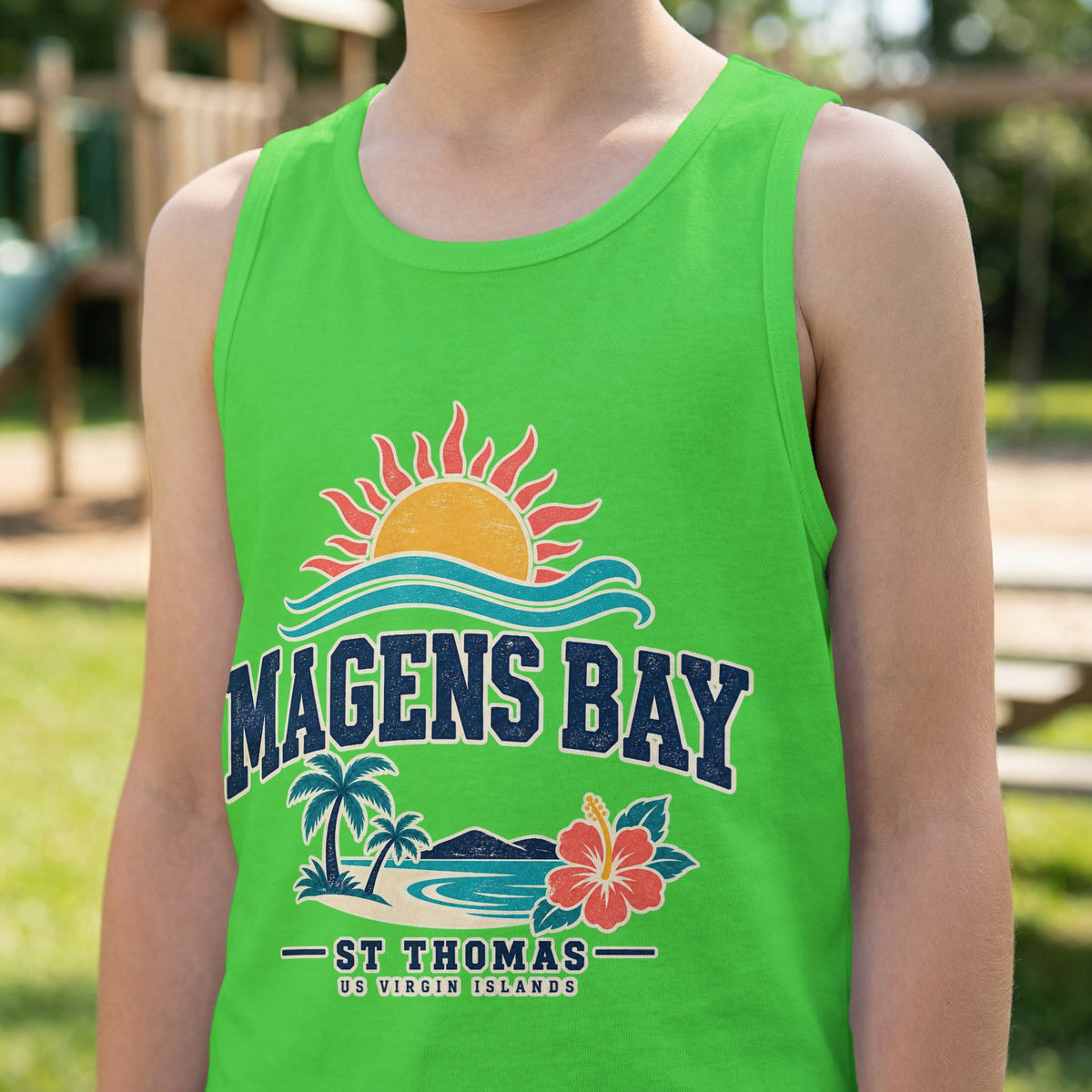 Green tank top with Magens Bay St Thomas US Virgin Islands graphic.
