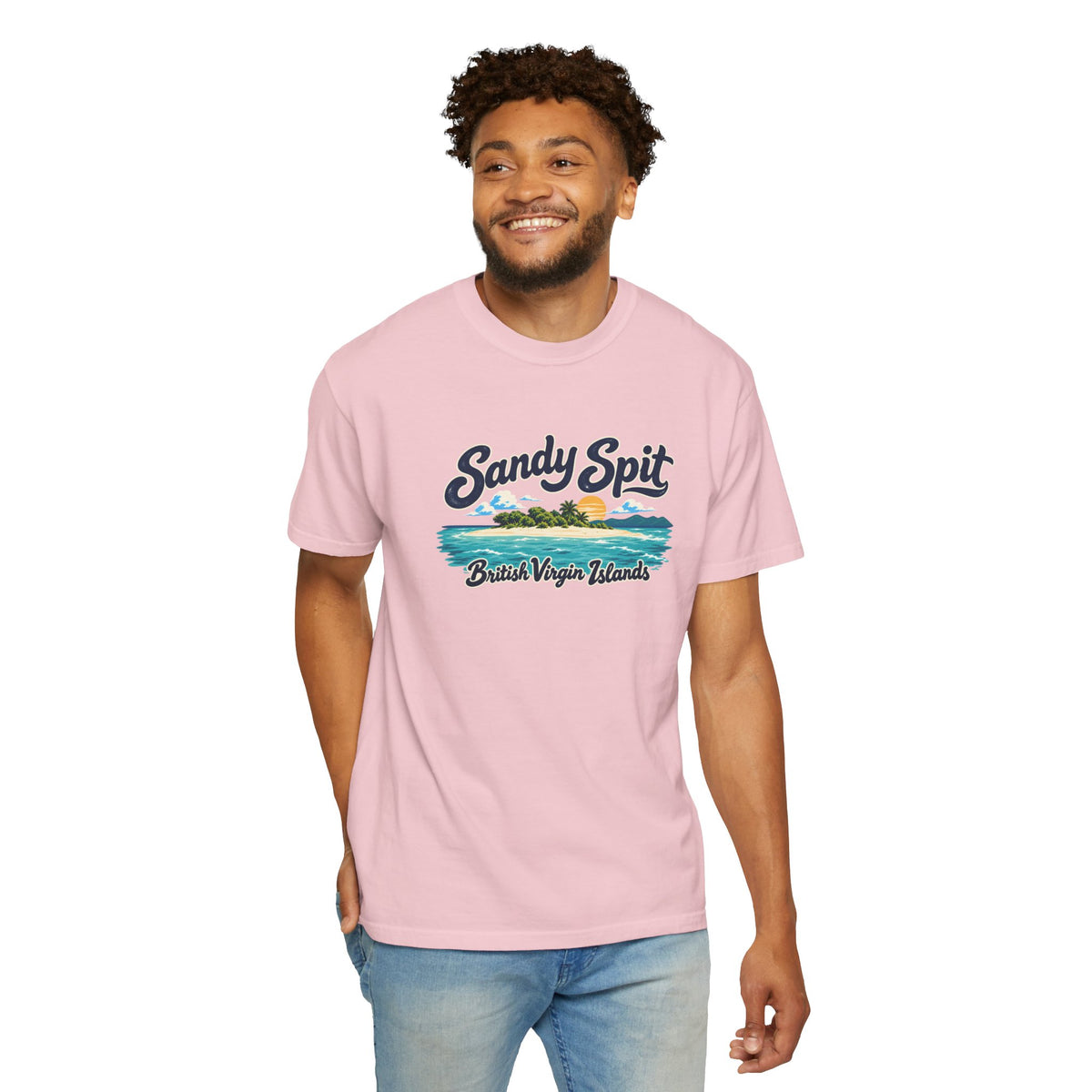 Model wearing the Sandy Spit BVI Comfort Colors 1717 T-shirt with colorful palm-tree island artwork and British Virgin Islands lettering.