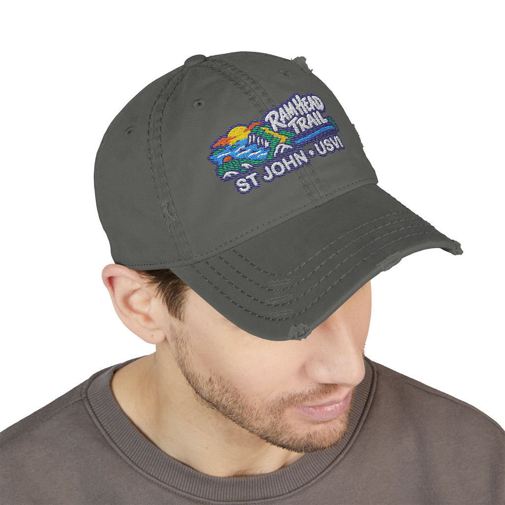Ram Head Trail St John USVI embroidered distressed dad hat, product and model view 7