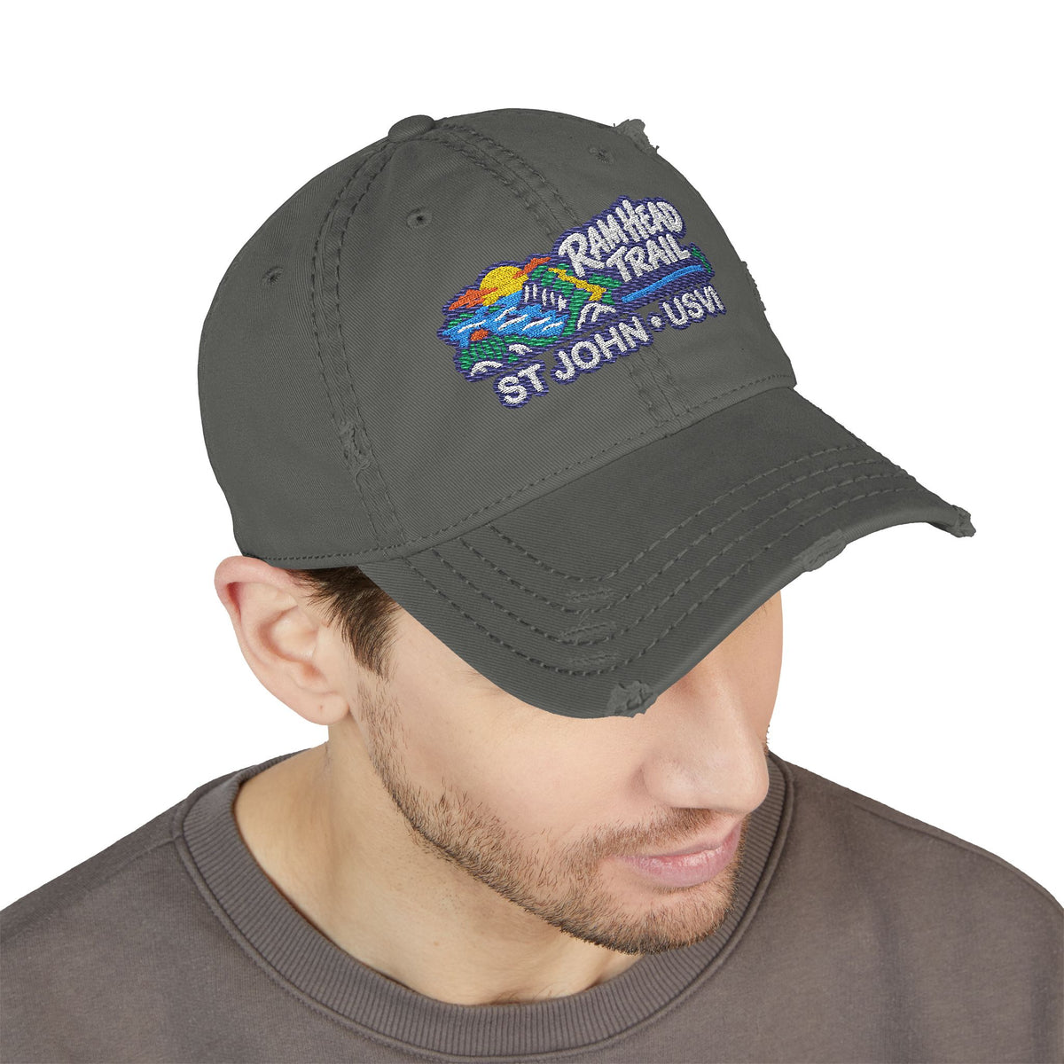 Ram Head Trail St John USVI embroidered distressed dad hat, product and model view 7
