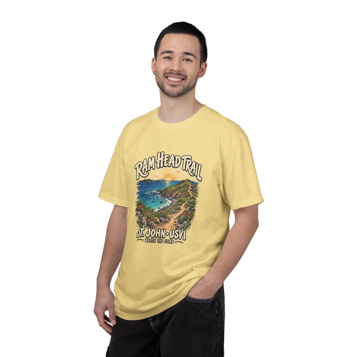 Model wearing a Comfort Colors 1717 T-shirt with the Ram Head Trail coastal illustration and St. John USVI lettering on the front.