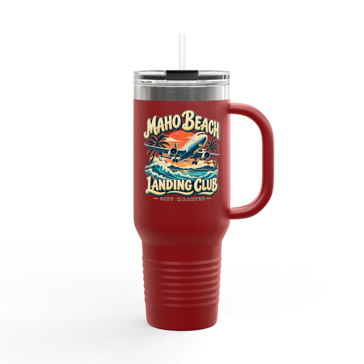 Maho Beach Landing Club Sint Maarten Polar Camel 40 oz Travel Mug illustrated destination design, product mockup