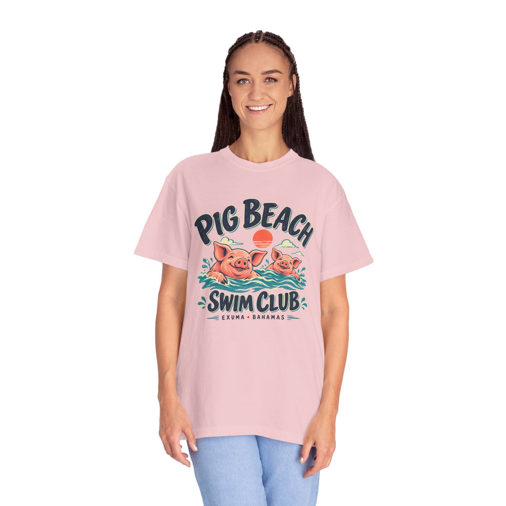 Model wearing the Pig Beach Swim Club Exuma Bahamas Comfort Colors 1717 T-shirt.