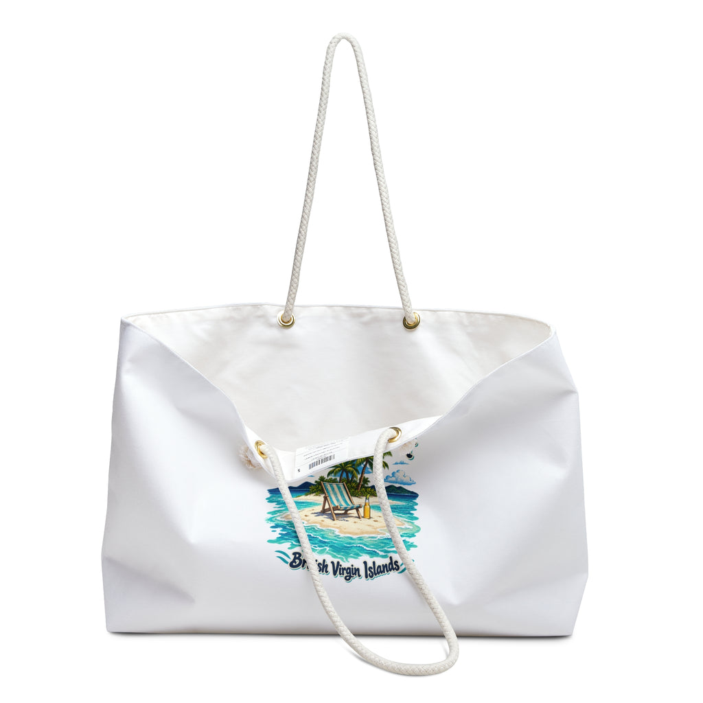 Little Spit Resort BVI Weekender Bag shown open with rope handles.