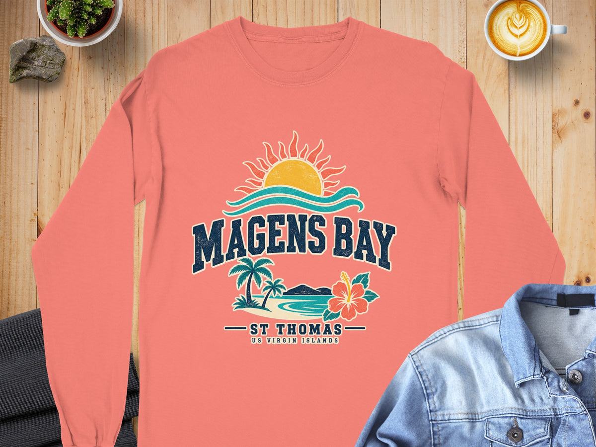 Coral long sleeve shirt with Magens Bay, St. Thomas graphic.