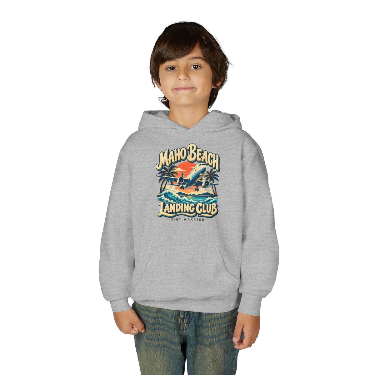 Maho Beach Landing Club Sint Maarten Gildan 18500B Youth Hoodie featuring the Maho Beach destination artwork, supplier product mockup