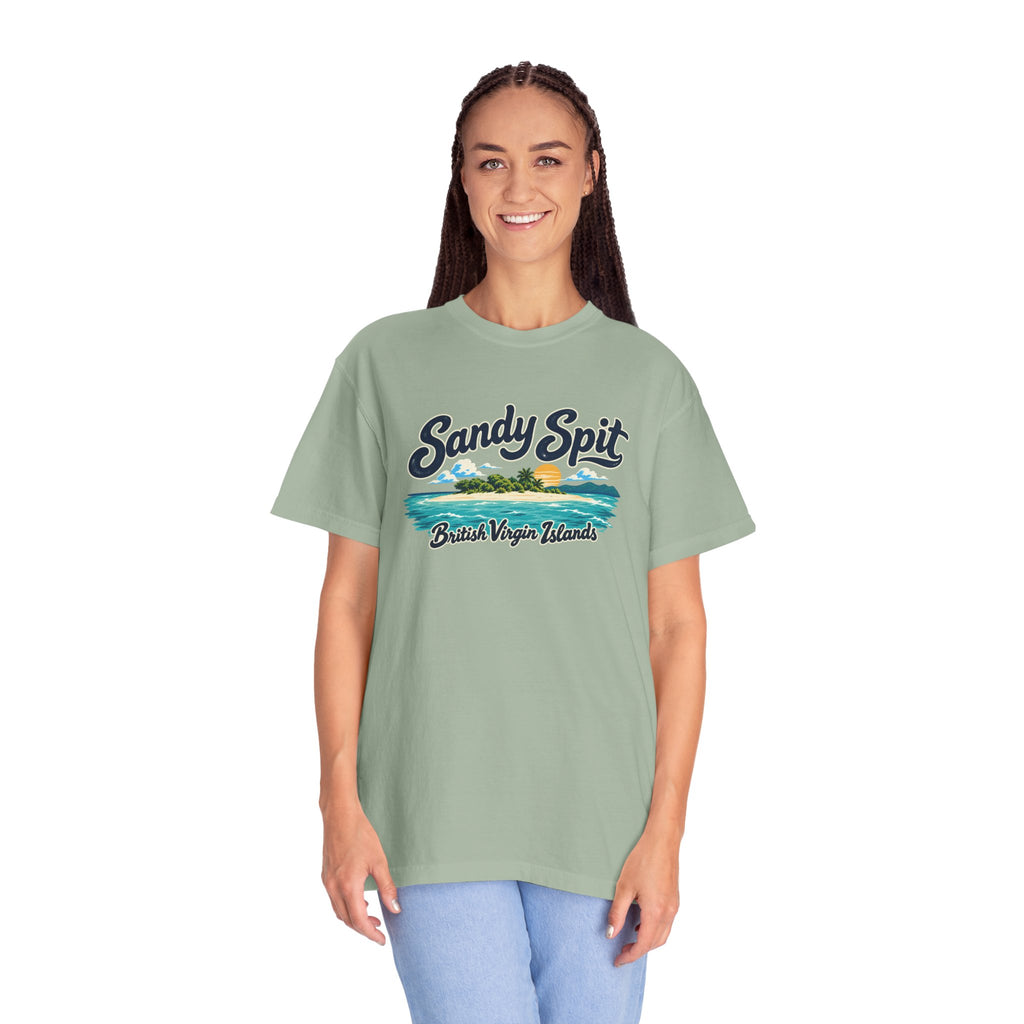 Model wearing the Sandy Spit BVI Comfort Colors 1717 T-shirt with colorful palm-tree island artwork and British Virgin Islands lettering.