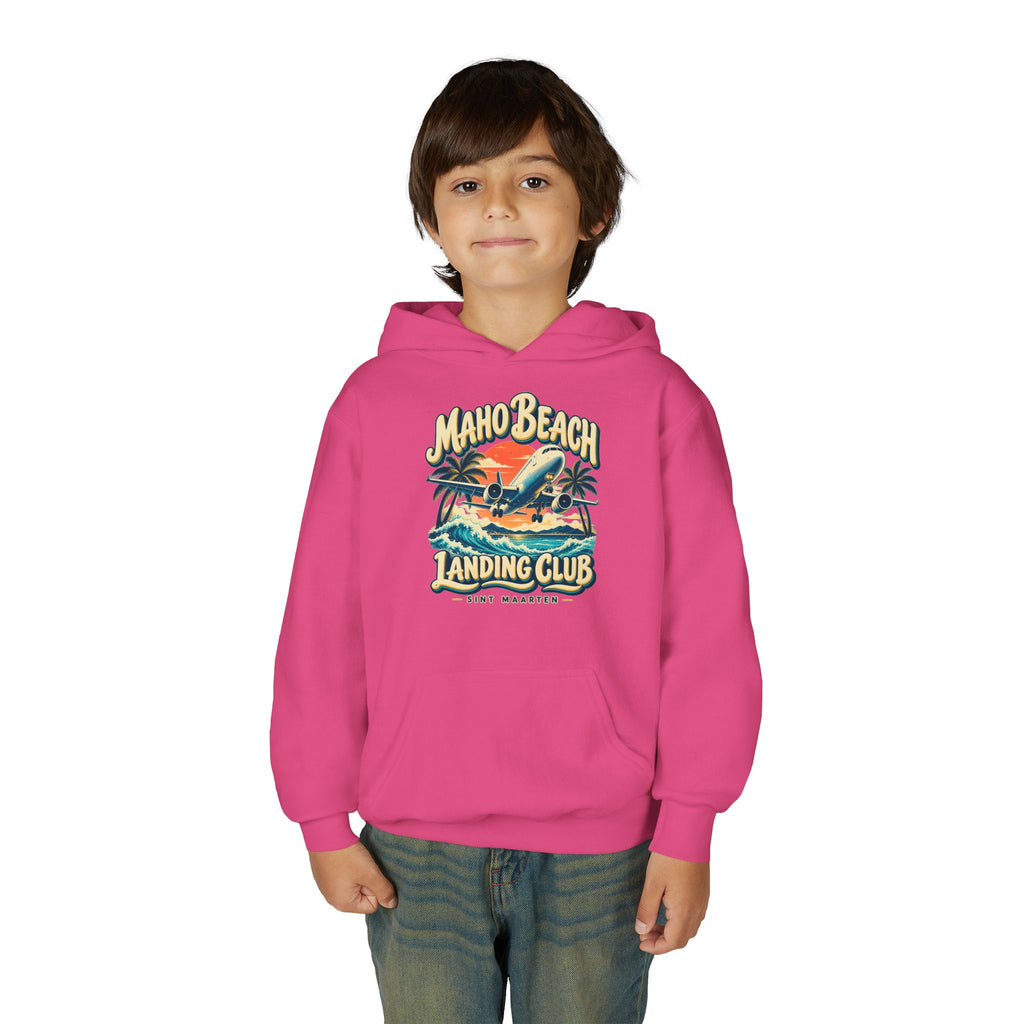 Maho Beach Landing Club Sint Maarten Gildan 18500B Youth Hoodie featuring the Maho Beach destination artwork, supplier product mockup