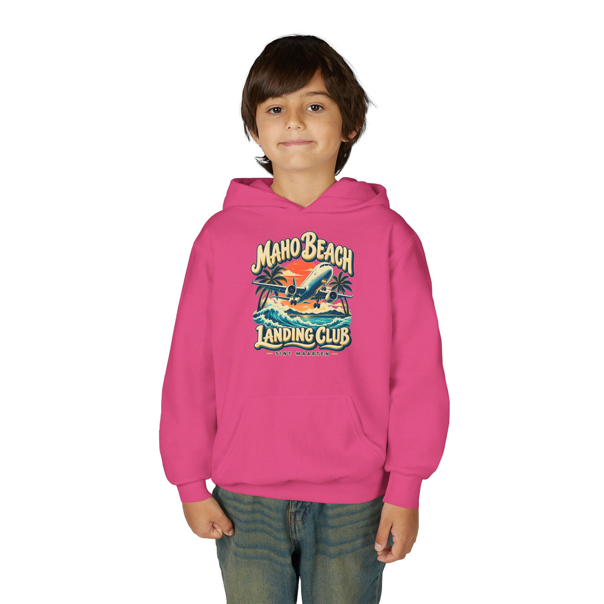 Maho Beach Landing Club Sint Maarten Gildan 18500B Youth Hoodie featuring the Maho Beach destination artwork, supplier product mockup