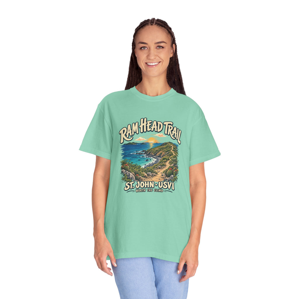 Model wearing a Comfort Colors 1717 T-shirt with the Ram Head Trail coastal illustration and St. John USVI lettering on the front.