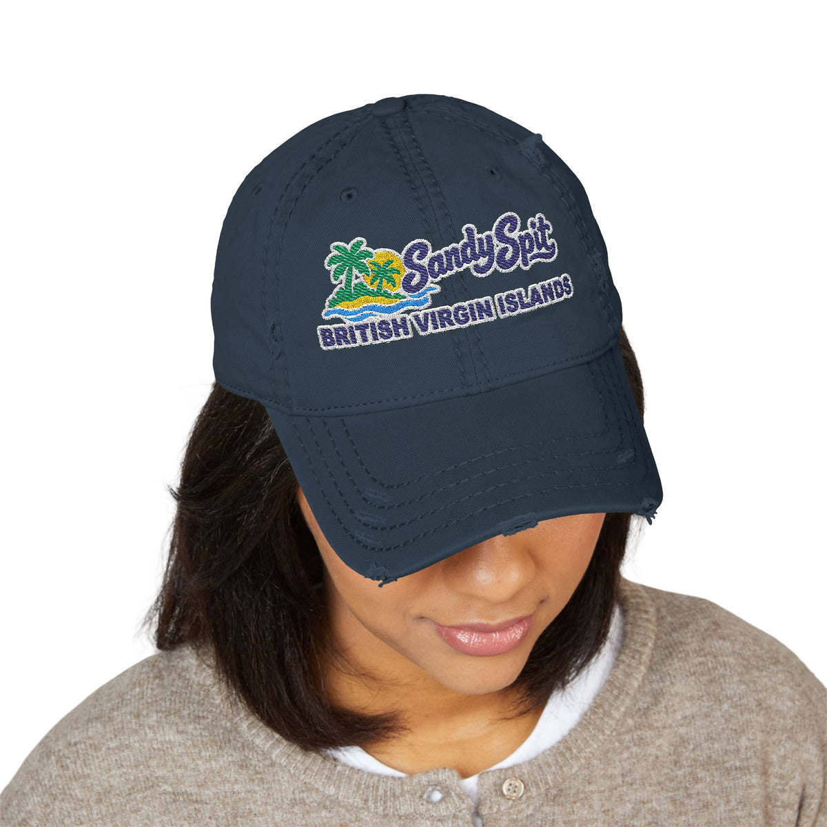 Model wearing the Sandy Spit BVI embroidered OTTO 104-1018 distressed dad hat, front-view mockup.