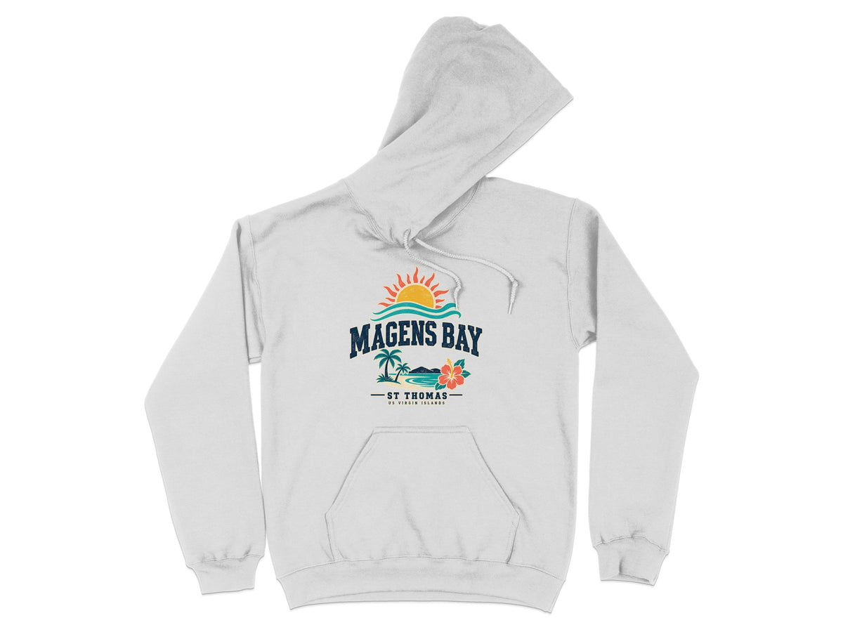 White hoodie with "Magens Bay St Thomas US Virgin Islands" graphic and tropical scene.