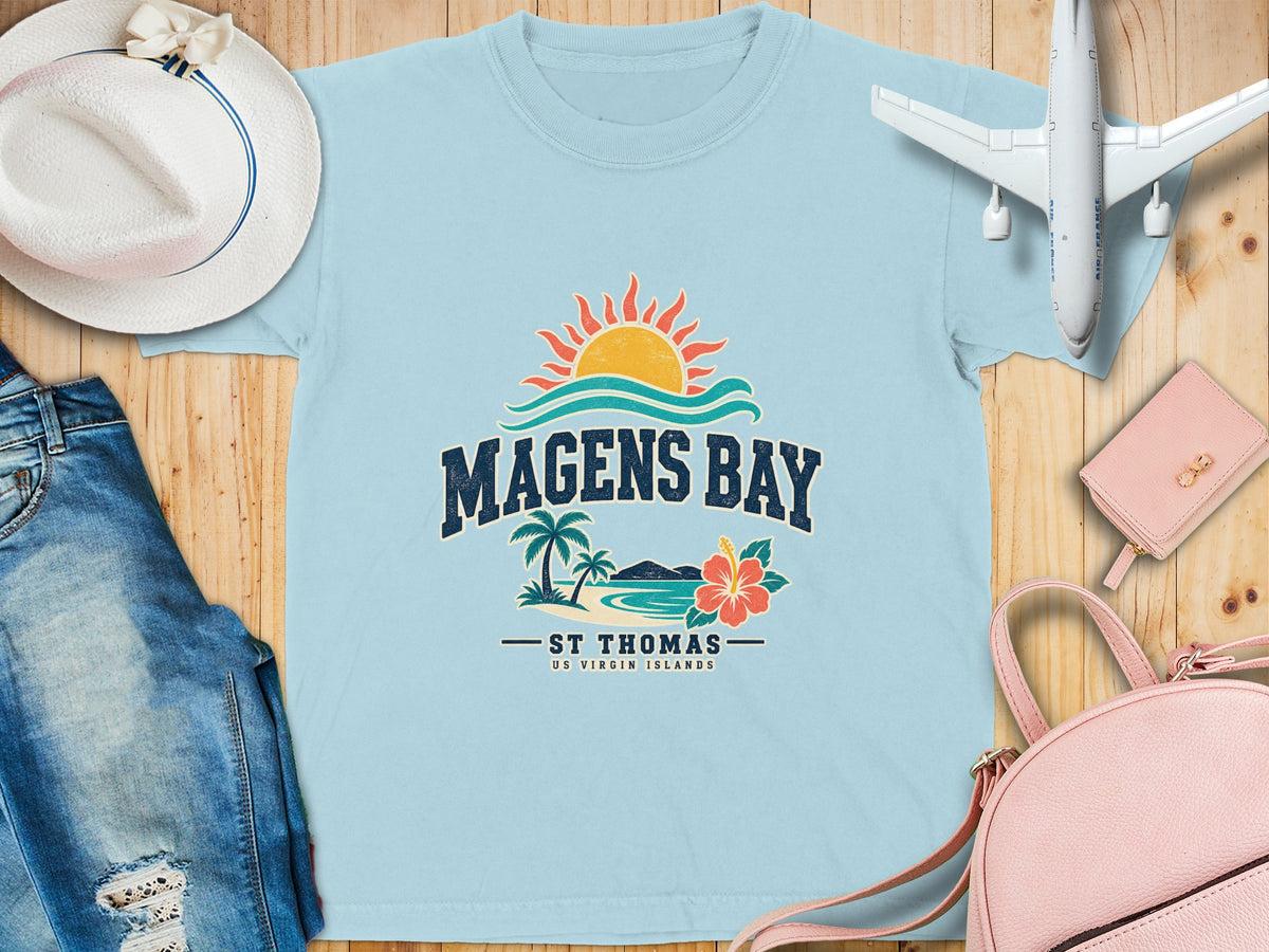 Light blue t-shirt with "Magens Bay St. Thomas US Virgin Islands" graphic.