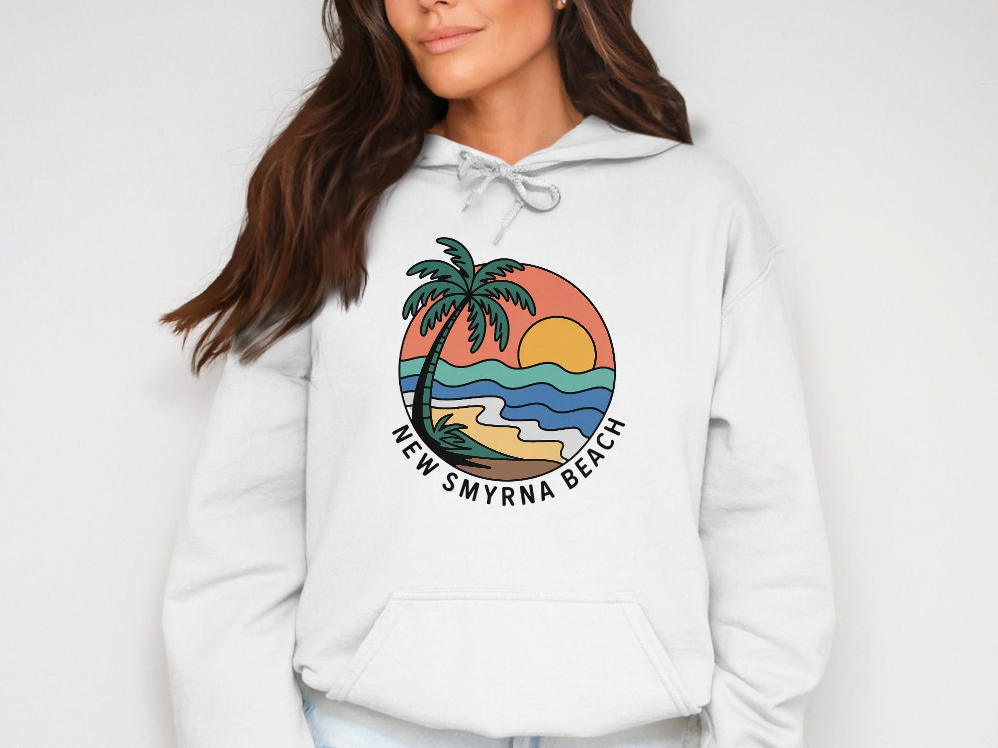 New Smyrna Beach Hoodie with Palm Sunset Design product