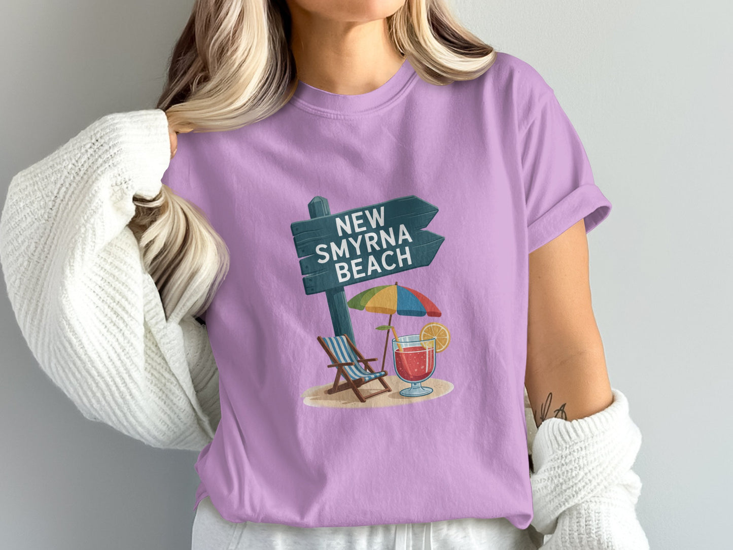 New Smyrna Beach Sign with Chair and Drink T-shirt product