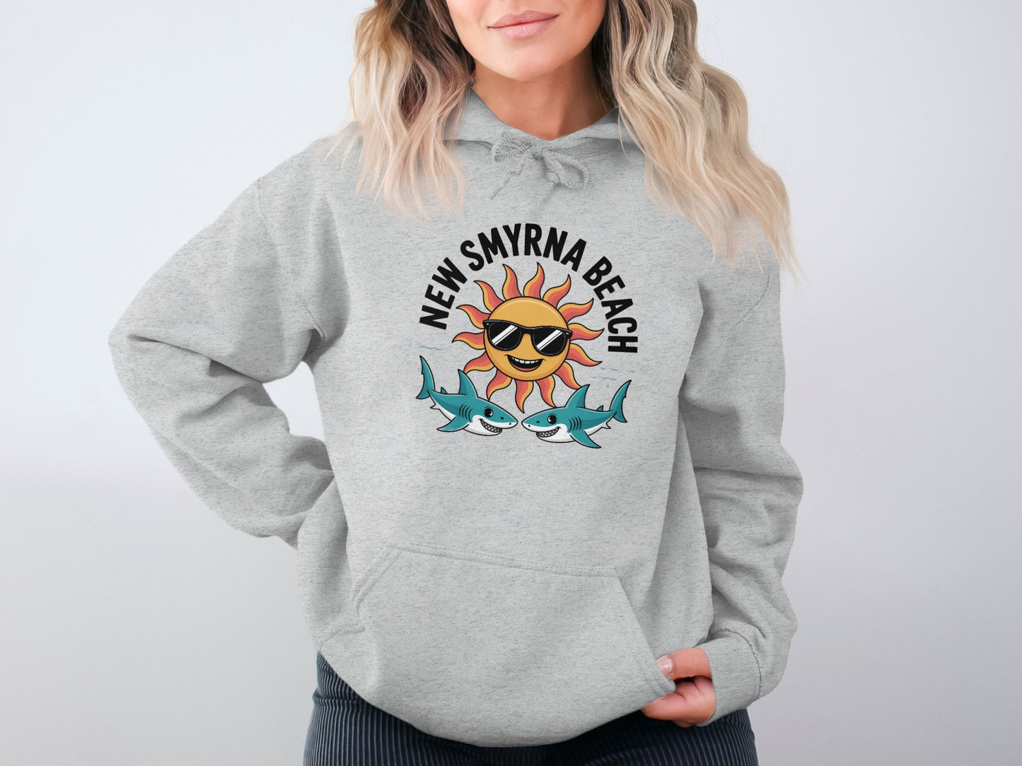 New Smyrna Beach Sun and Sharks Graphic Hoodie product type