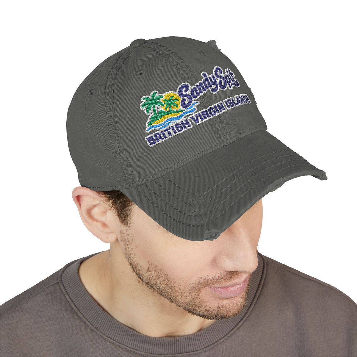 Model wearing the Sandy Spit BVI embroidered OTTO 104-1018 distressed dad hat, front-view mockup.
