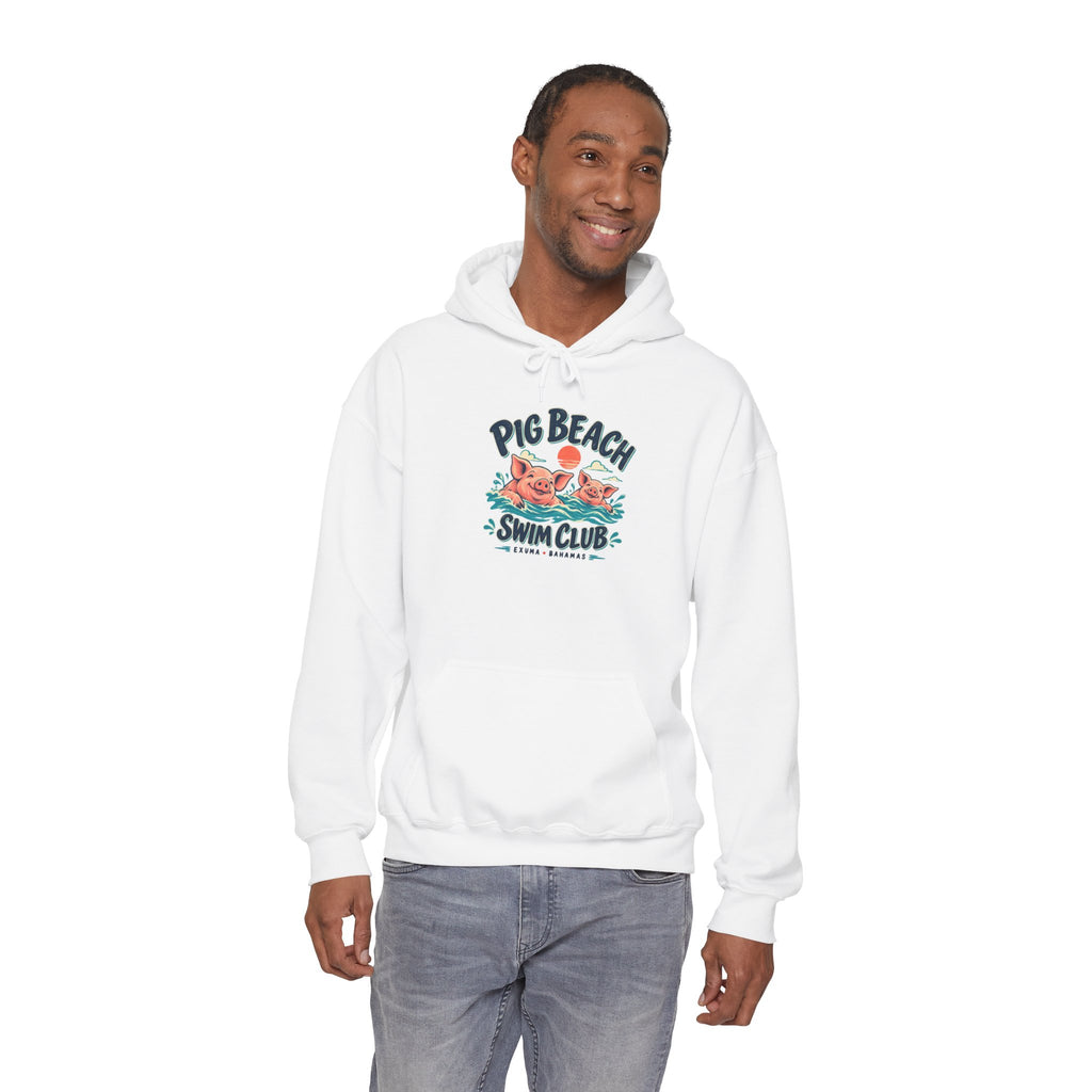 Model wearing the Pig Beach Swim Club Exuma Bahamas Gildan 18500 hoodie.