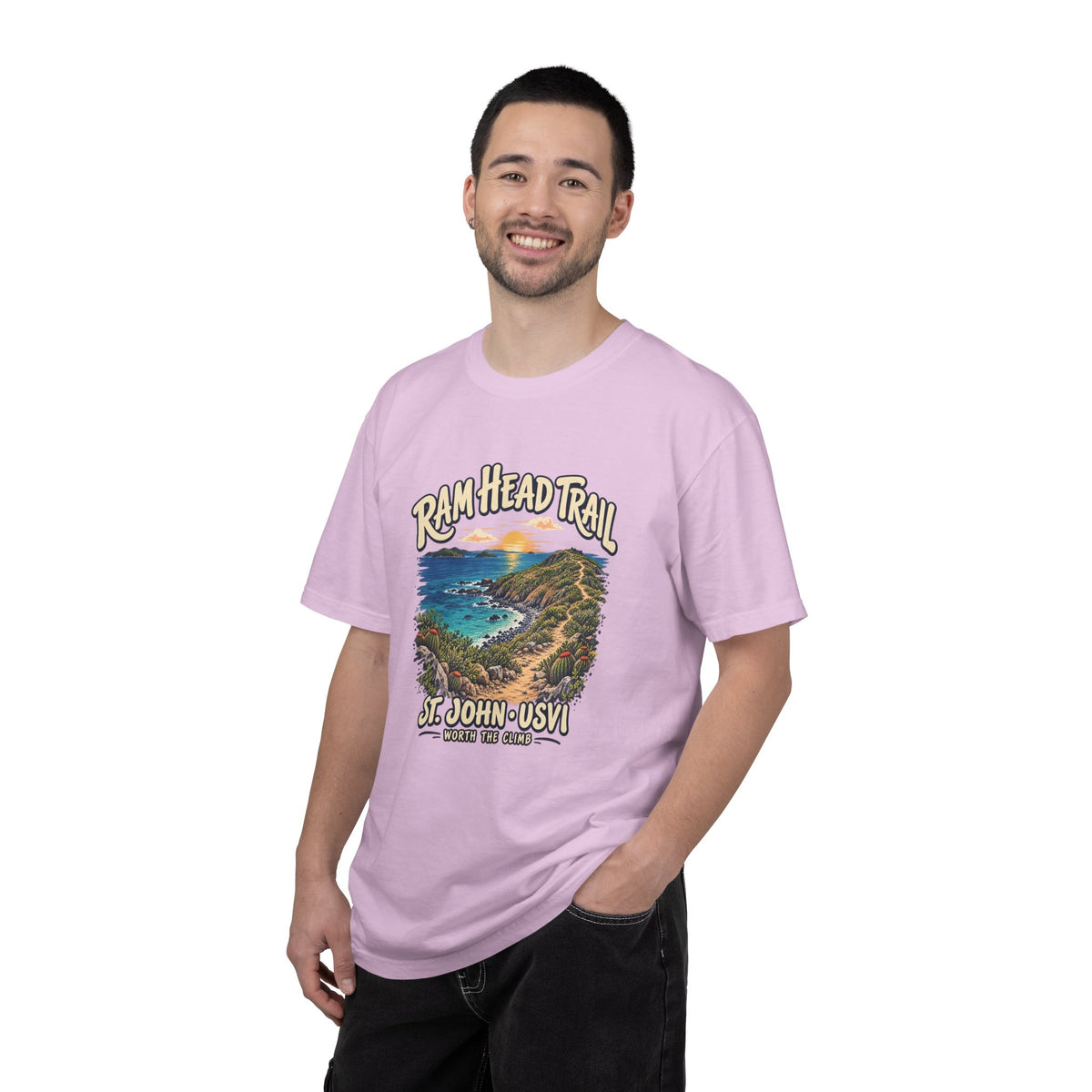 Model wearing a Comfort Colors 1717 T-shirt with the Ram Head Trail coastal illustration and St. John USVI lettering on the front.