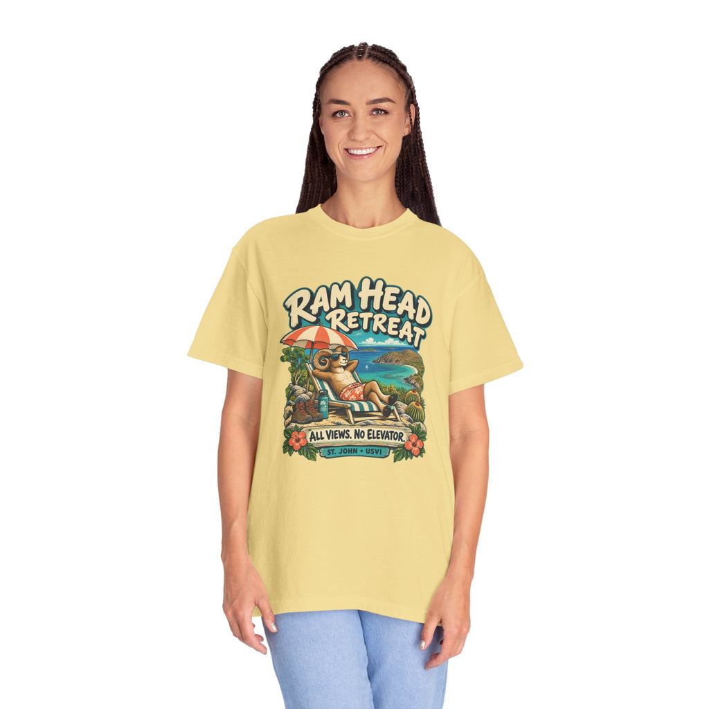 Model wearing a Comfort Colors 1717 T-shirt with the Ram Head Retreat lounging ram illustration and St. John USVI lettering.