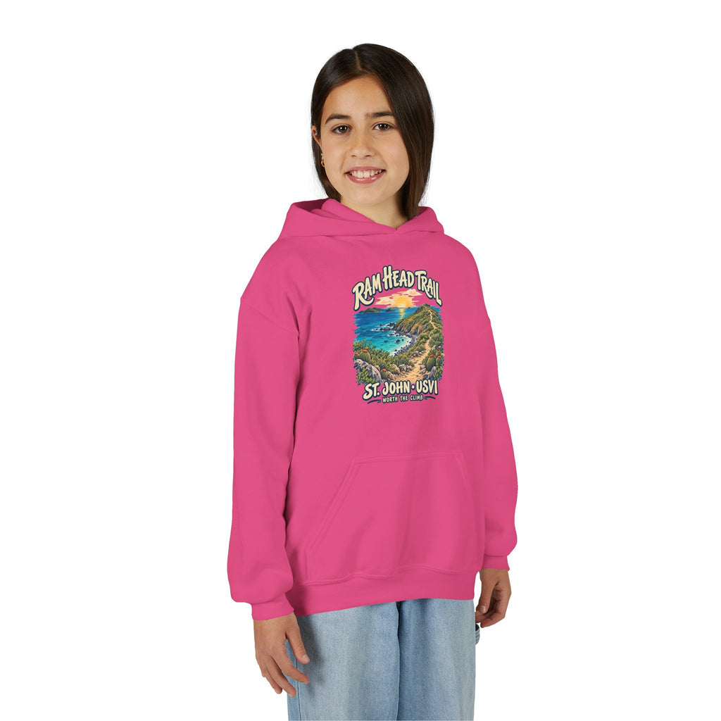 Youth model wearing a Gildan 18500B hoodie with Ram Head Trail St John USVI coastal artwork.
