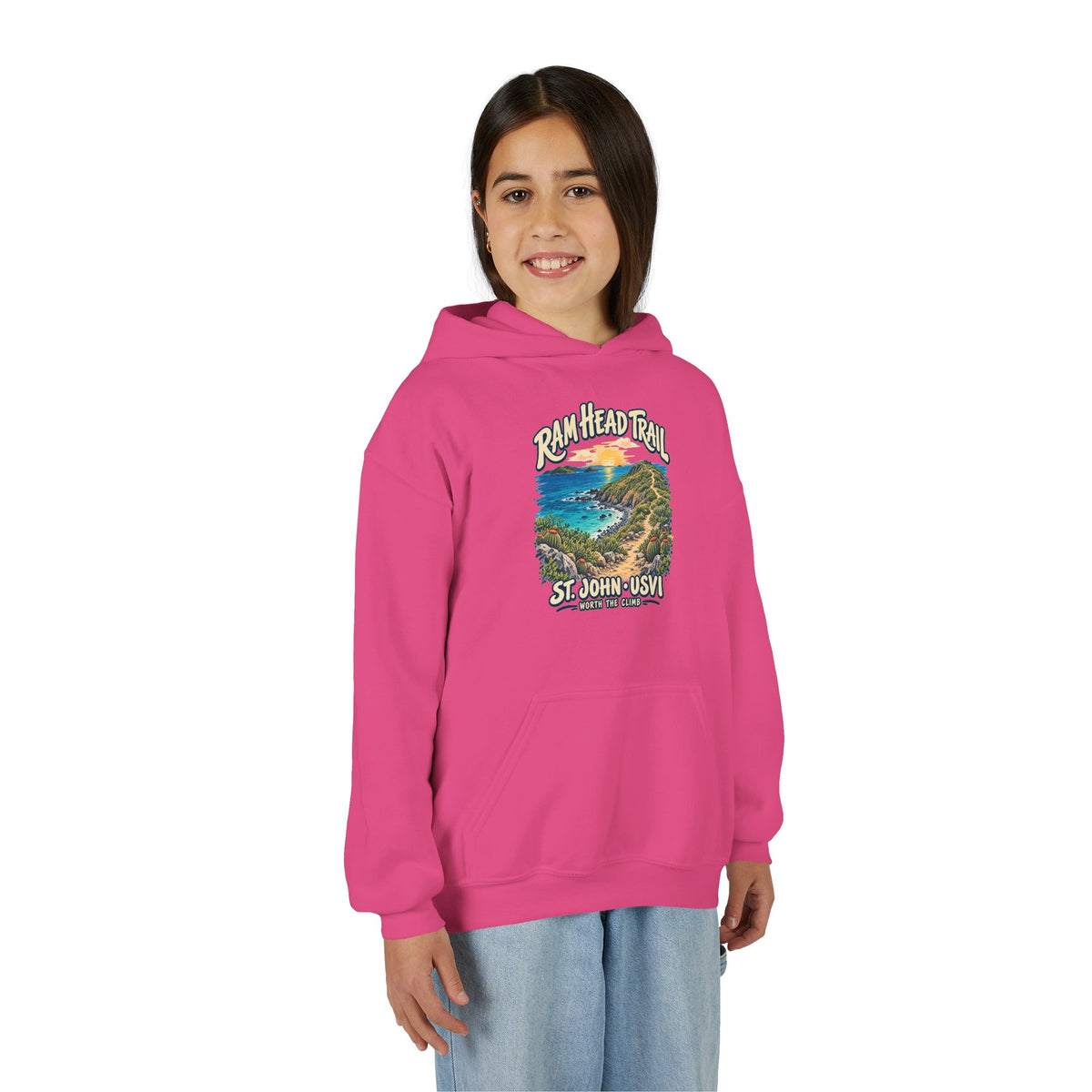 Youth model wearing a Gildan 18500B hoodie with Ram Head Trail St John USVI coastal artwork.