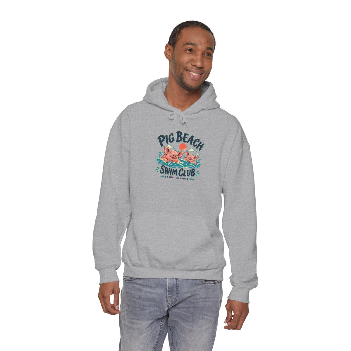 Model wearing the Pig Beach Swim Club Exuma Bahamas Gildan 18500 hoodie.