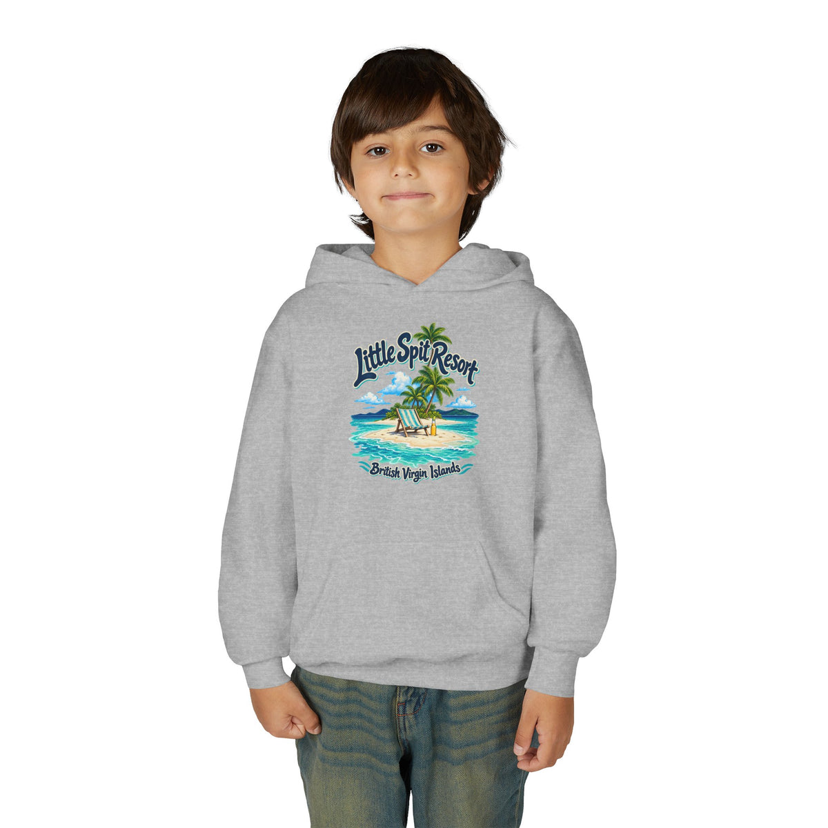 Young model wearing the Little Spit Resort BVI Gildan 18500B youth hoodie, front-view mockup.
