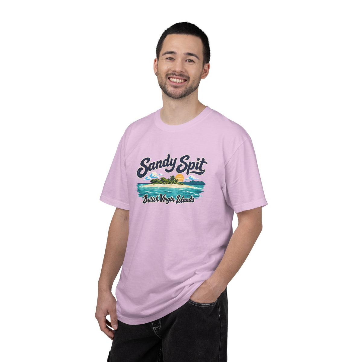 Model wearing the Sandy Spit BVI Comfort Colors 1717 T-shirt with colorful palm-tree island artwork and British Virgin Islands lettering.