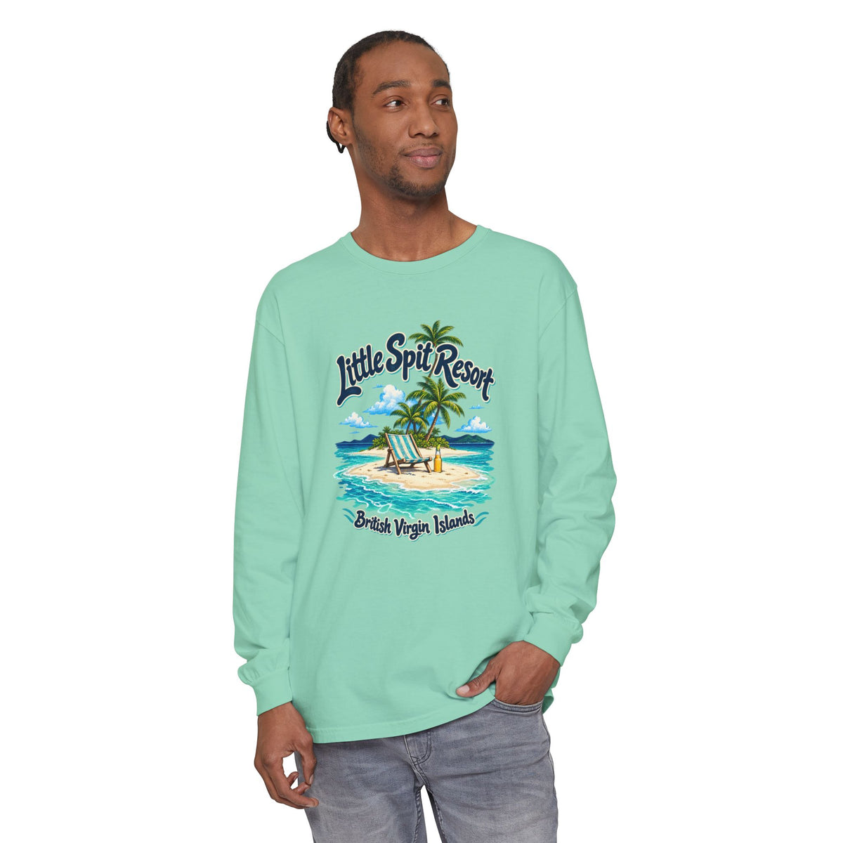 Model wearing the Little Spit Resort BVI Comfort Colors 6014 long-sleeve T-shirt with a beach-chair and palm-tree island graphic.