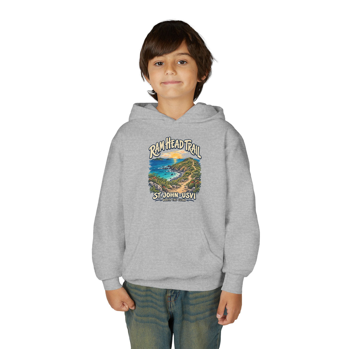 Youth model wearing a Gildan 18500B hoodie with Ram Head Trail St John USVI coastal artwork.