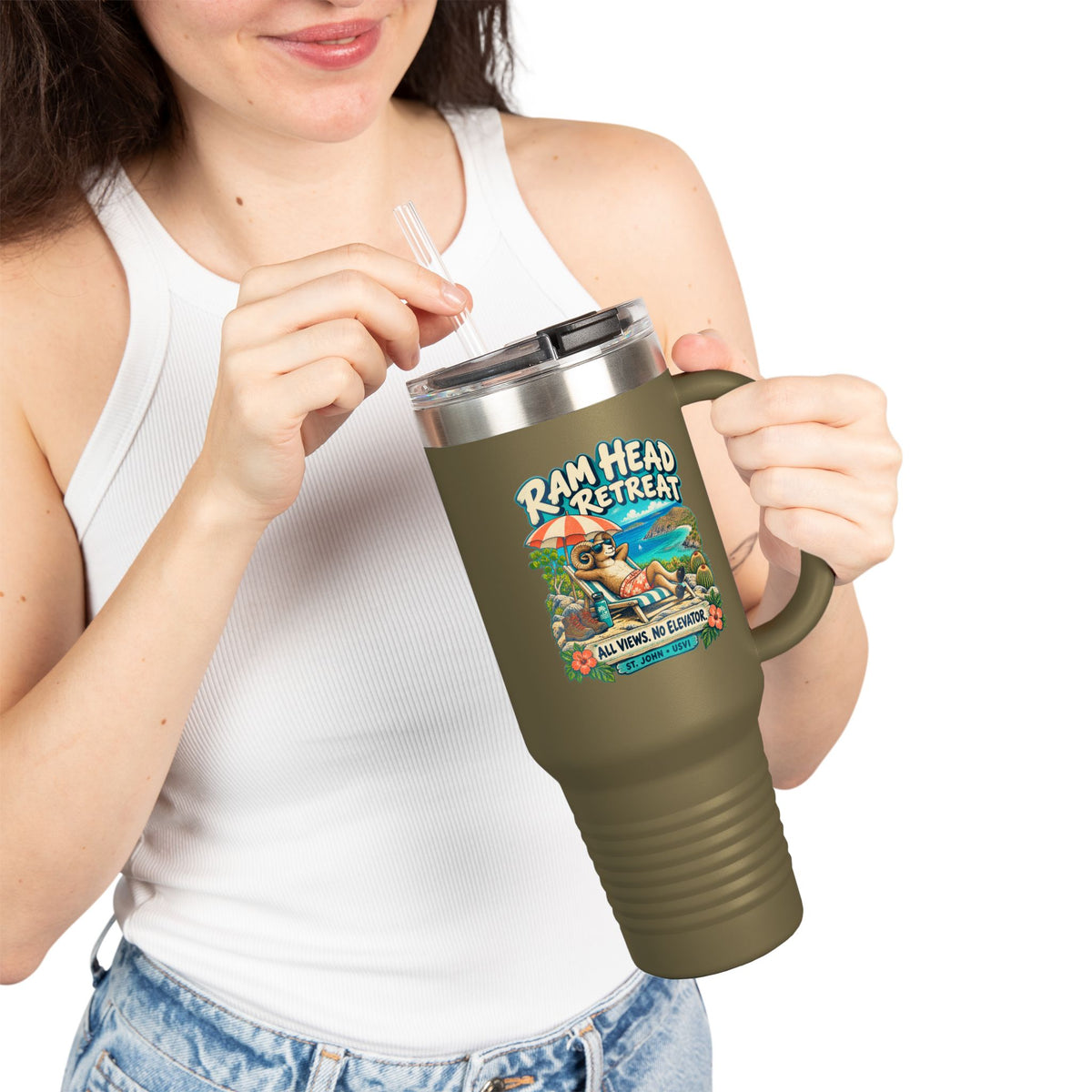 Ram Head Retreat St John USVI artwork on a Polar Camel 40 oz travel mug with handle, lid and straw.