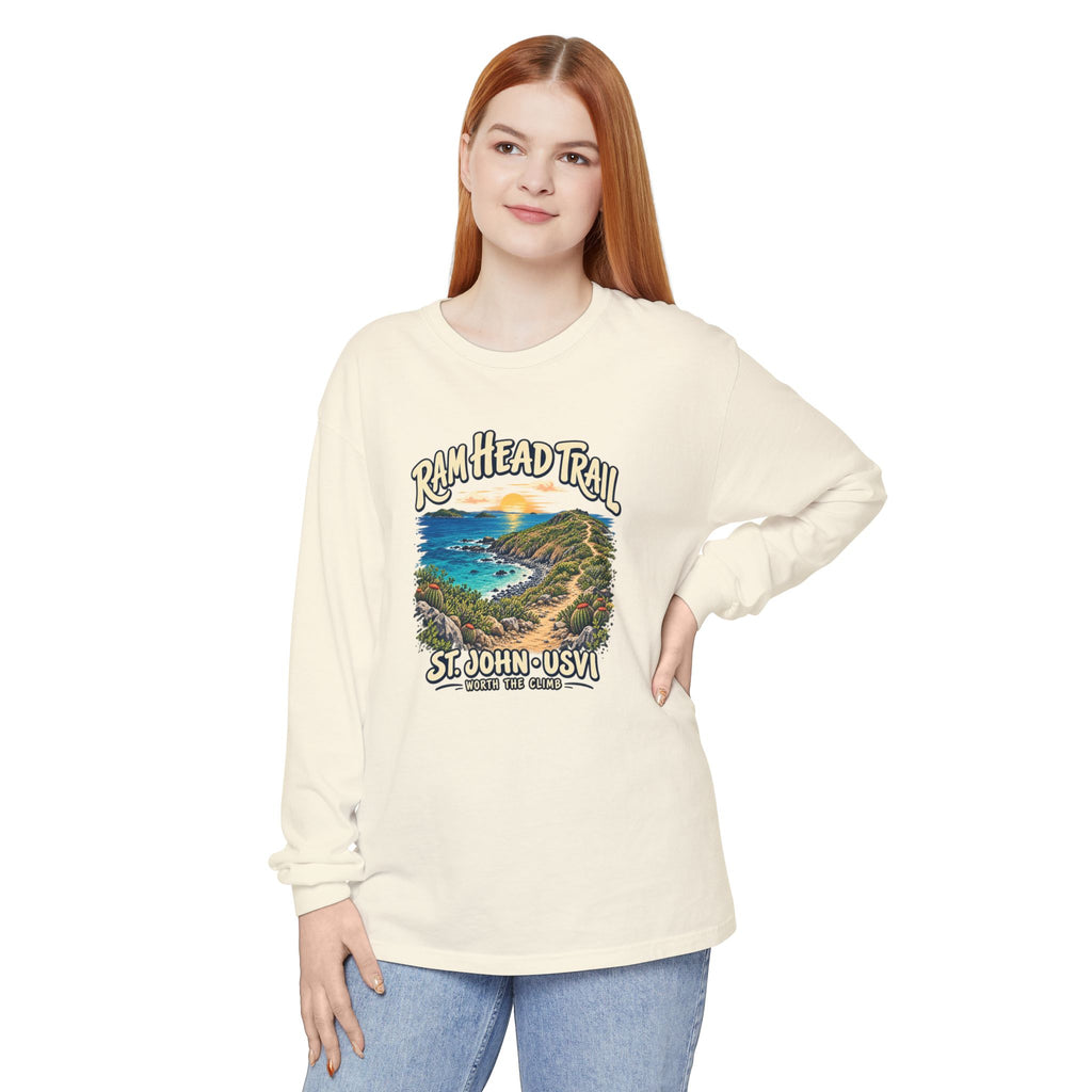 Model mockup of a Comfort Colors 6014 long-sleeve shirt featuring Ram Head Trail, St. John USVI coastal artwork and Worth the Climb lettering.