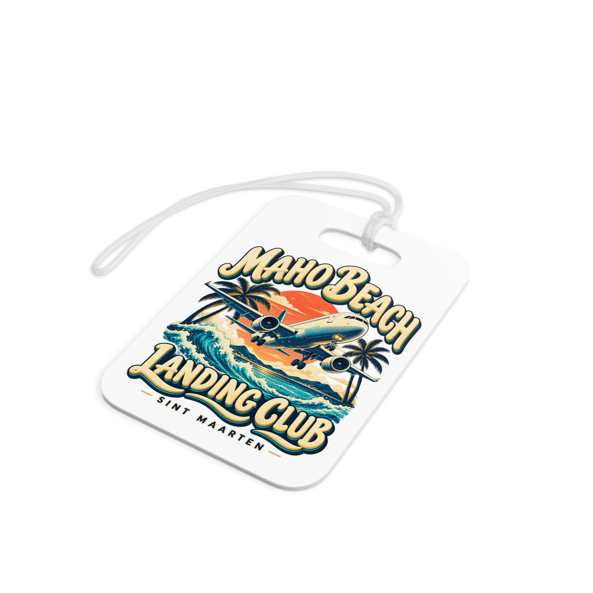 Maho Beach Landing Club Sint Maarten Double-Sided Luggage Tag illustrated destination design, product mockup