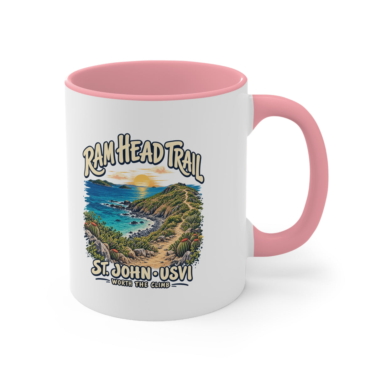 Ram Head Trail St John USVI coastal artwork on the printed side of a ceramic accent coffee mug.