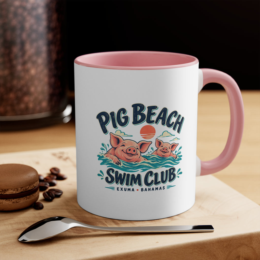 Pig Beach Swim Club Exuma Bahamas accent mug with colorful swimming-pig artwork printed on both sides.