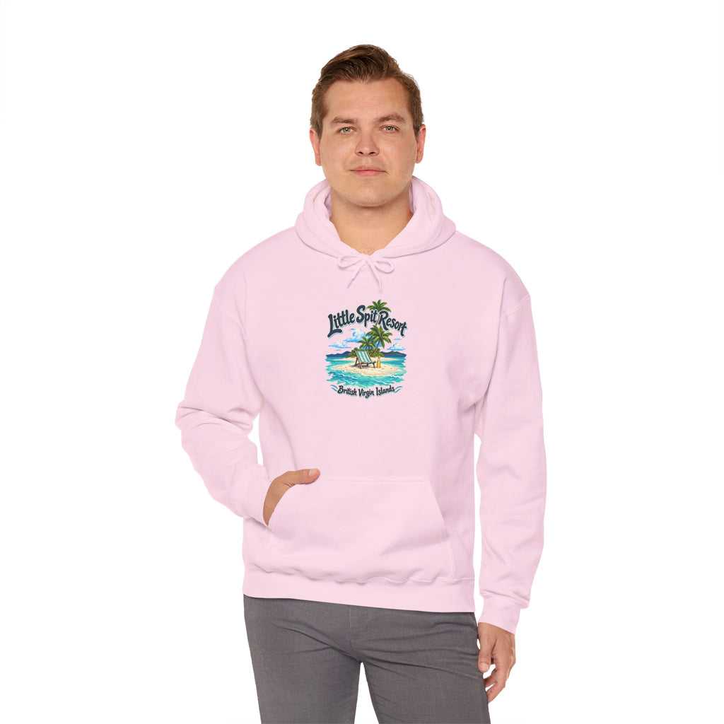 Model wearing the Little Spit Resort BVI Gildan 18500 hoodie with the beach-chair and palm-tree island graphic.