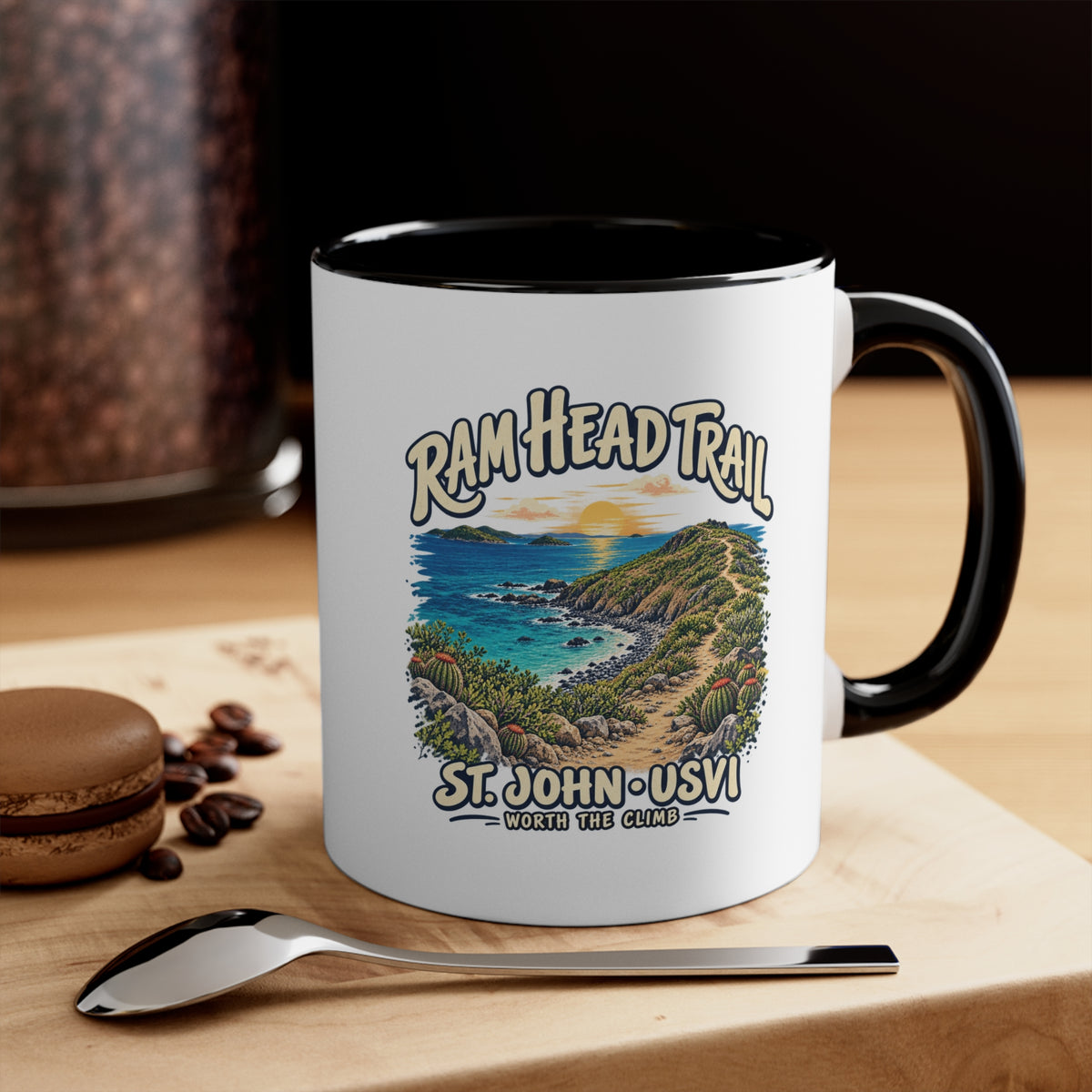Ram Head Trail St John USVI coastal artwork on the printed side of a ceramic accent coffee mug.