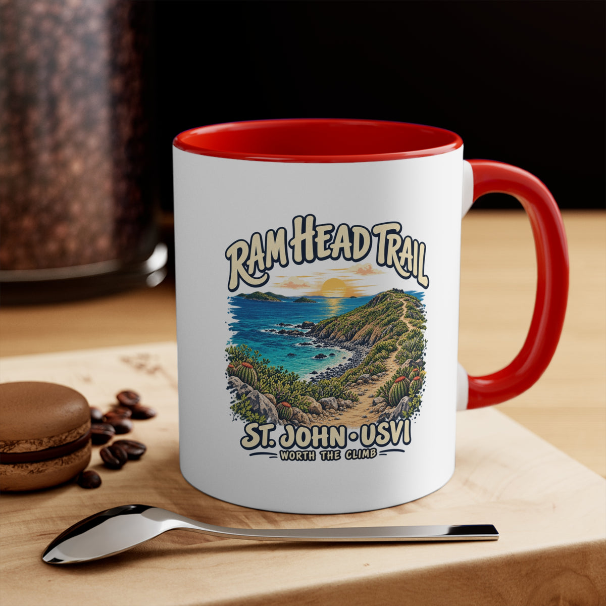 Ram Head Trail St John USVI coastal artwork on the printed side of a ceramic accent coffee mug.