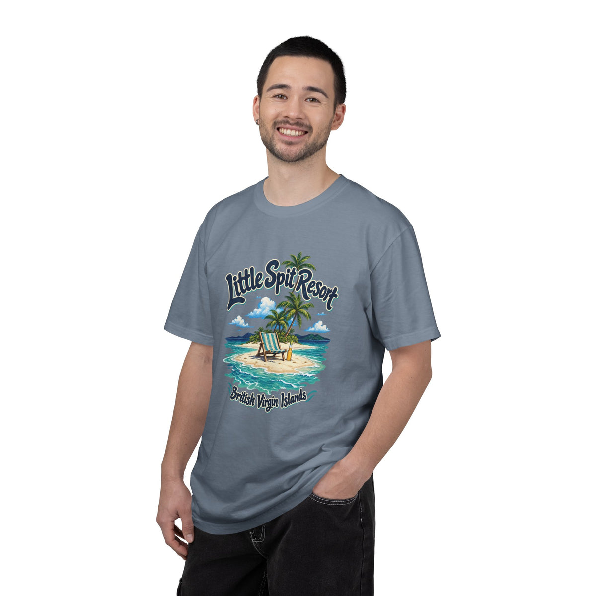 Model wearing the Little Spit Resort BVI Comfort Colors 1717 T-shirt with a playful beach-chair, palm-tree, and bottle illustration.