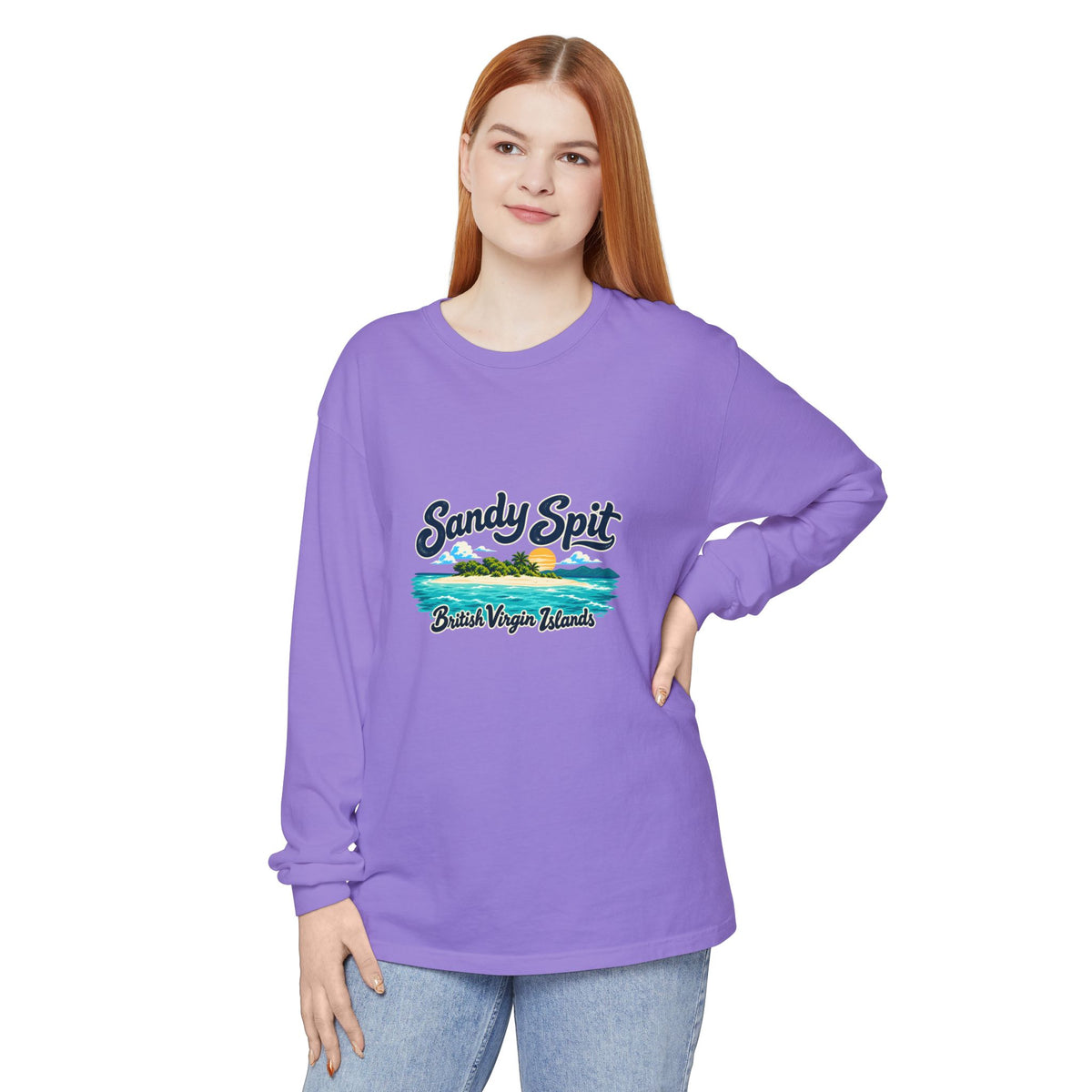 Model wearing the Sandy Spit British Virgin Islands Comfort Colors 6014 long-sleeve T-shirt.