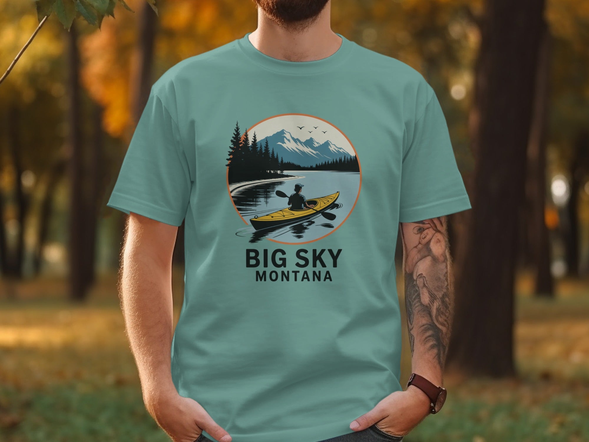 Big Sky Montana Kayak Scenic Graphic T-shirt