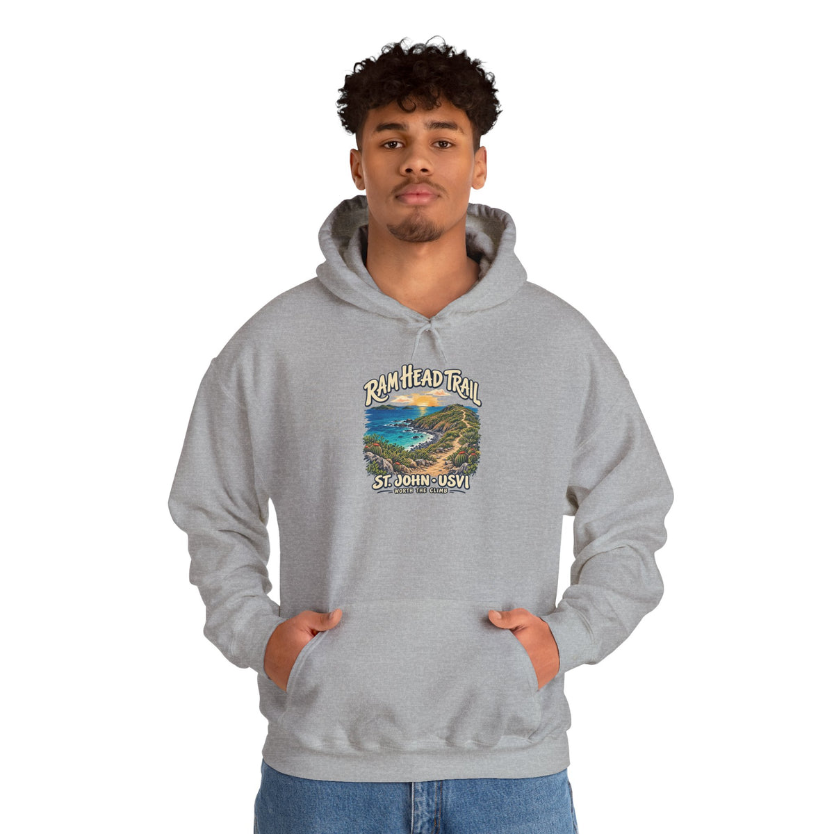 Model wearing a Gildan 18500 hoodie with the Ram Head Trail coastal design and St. John USVI lettering on the front.