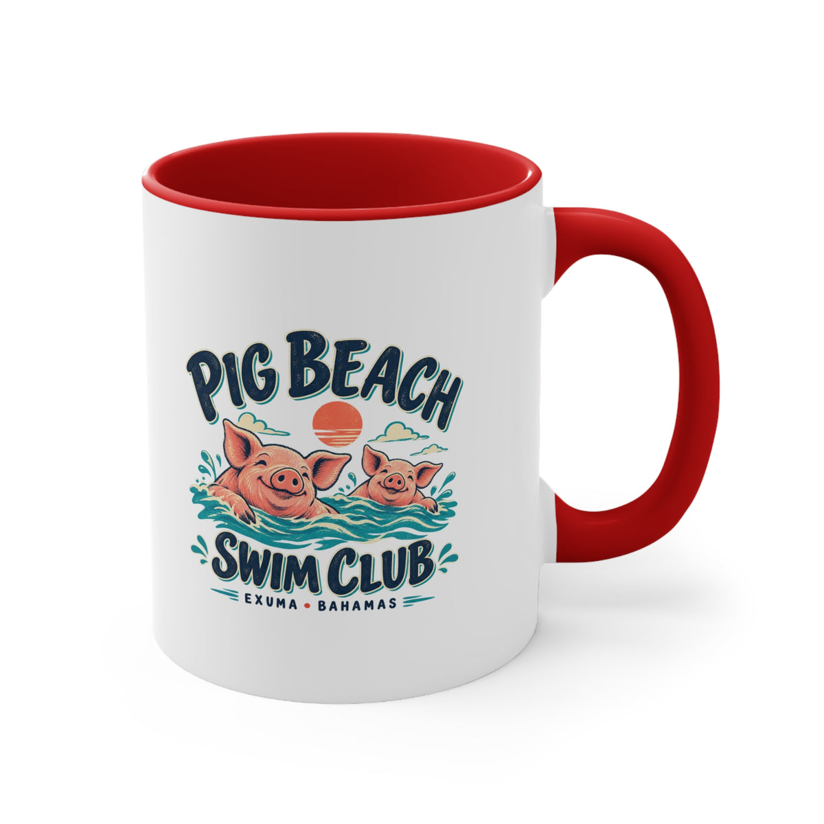 Pig Beach Swim Club Exuma Bahamas accent mug with colorful swimming-pig artwork printed on both sides.