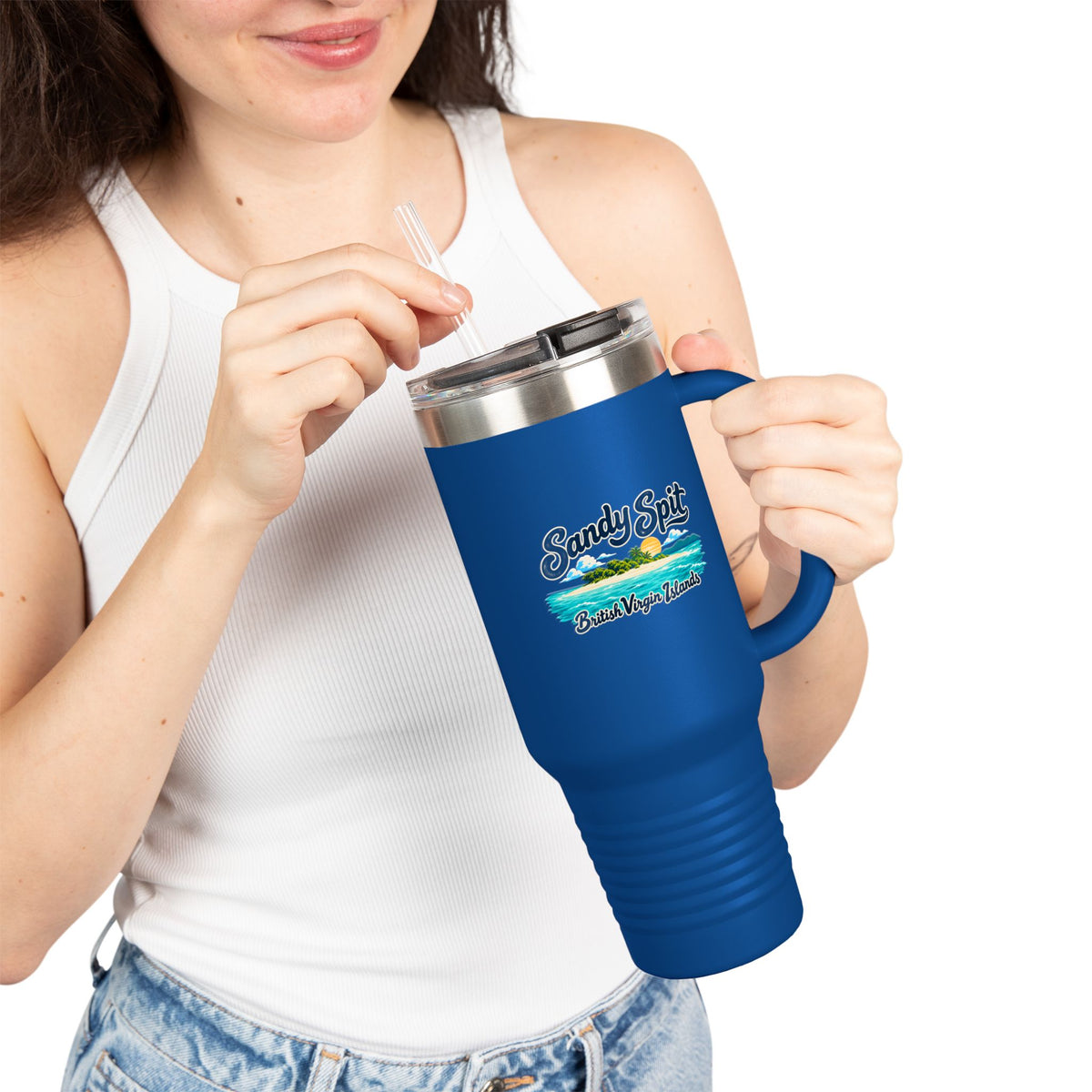 Model holding a Sandy Spit BVI Polar Camel 40-ounce travel mug with island artwork on the front.