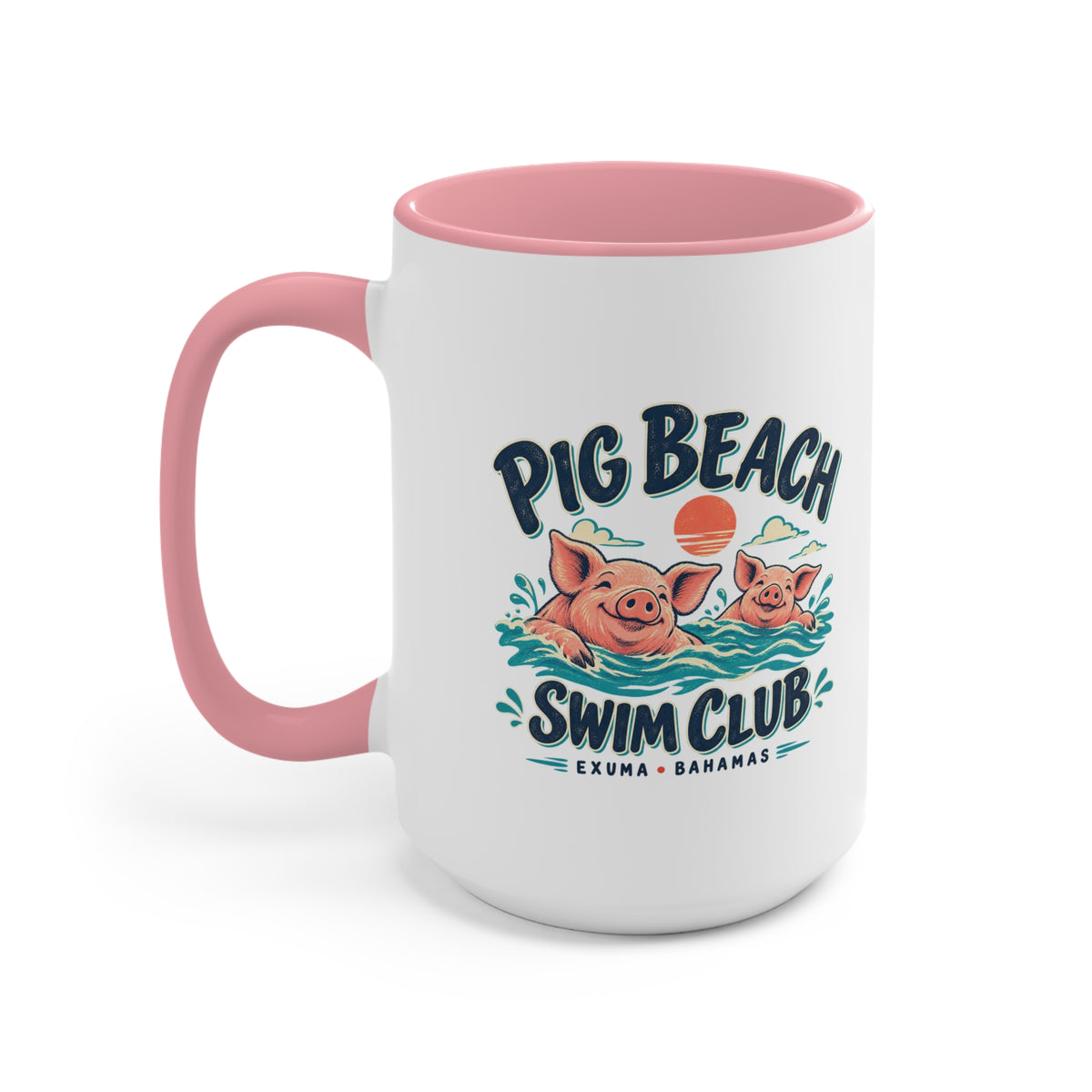 Pig Beach Swim Club Exuma Bahamas accent mug with colorful swimming-pig artwork printed on both sides.